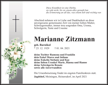 Traueranzeige von Marianne Zitzmann von Südthüringer Presse