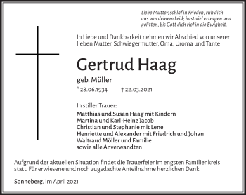 Traueranzeige von Gertrud Haag von Südthüringer Presse