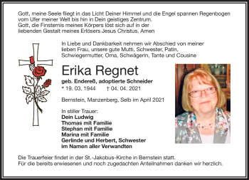 Traueranzeige von Erika Regnet von Frankenpost