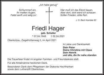 Traueranzeige von Friedl Hager von Frankenpost