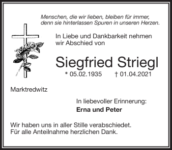 Traueranzeige von Siegfried Striegl von Frankenpost