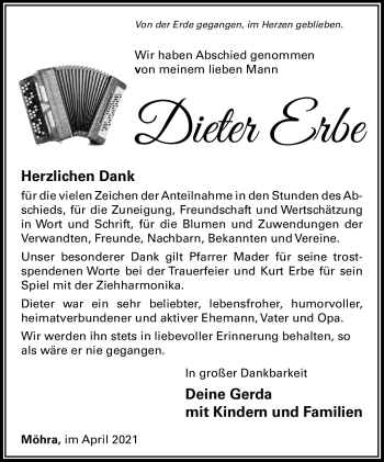 Traueranzeige von Dieter Erbe von Südthüringer Presse