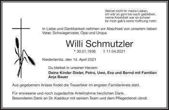 Traueranzeige von Willi Schmutzler von Frankenpost
