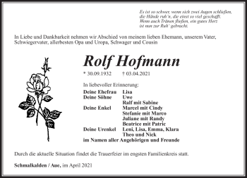 Traueranzeige von Rolf Hofmann von Südthüringer Presse