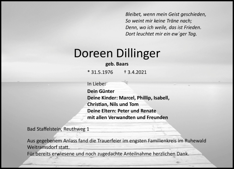  Traueranzeige für Doreen Dillinger vom 10.04.2021 aus Neue Presse Coburg