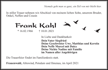 Traueranzeige von Frank Kahl von Südthüringer Presse