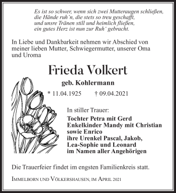 Traueranzeige von Frieda Volkert von Südthüringer Presse