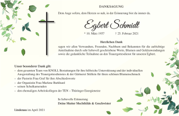 Traueranzeige von Egbert Schmidt von Südthüringer Presse