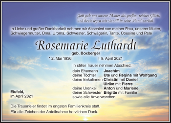 Traueranzeige von Rosemarie Luthardt von Südthüringer Presse