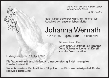Traueranzeige von Johanna Wernath von Neue Presse Coburg