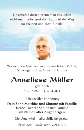 Traueranzeige von Anneliese Müller von Südthüringer Presse
