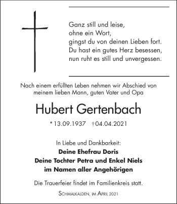 Traueranzeige von Hubert Gertenbach von Südthüringer Presse