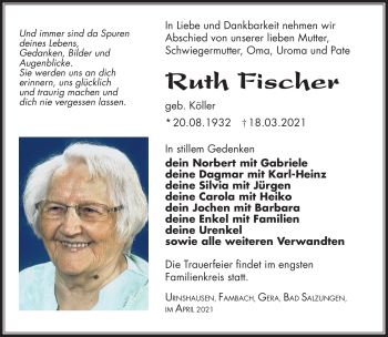 Traueranzeige von Ruth Fischer von Südthüringer Presse