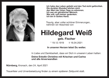Traueranzeige von Hildegard Weiß von Neue Presse Coburg