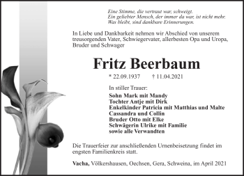 Traueranzeige von Fritz Beerbaum von Südthüringer Presse