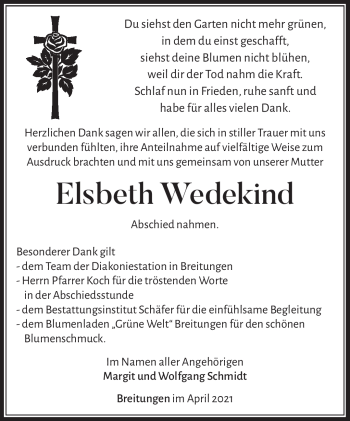 Traueranzeige von Elsbeth Wedekind von Südthüringer Presse