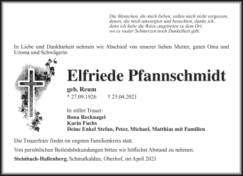 Traueranzeige von Elfriede Pfannschmidt von Südthüringer Presse