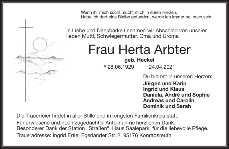  Traueranzeige für Herta Arbter vom 30.04.2021 aus Frankenpost