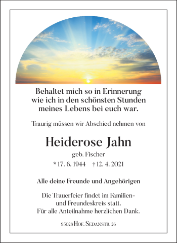 Traueranzeige von Heiderose Jahn von Frankenpost