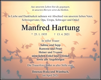Traueranzeige von Manfred Hartung von Südthüringer Presse
