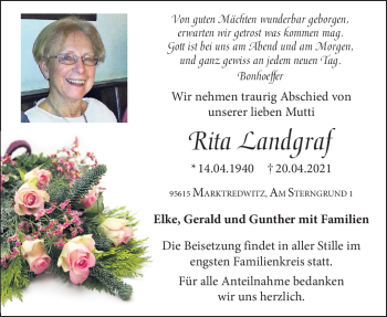 Traueranzeige von Rita Landgraf von Frankenpost