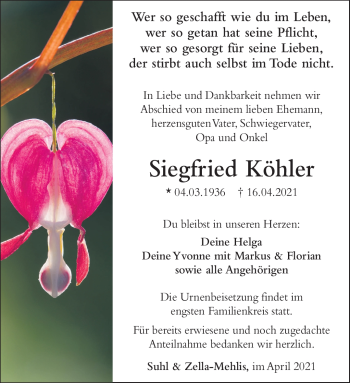 Traueranzeige von Siegfried Köhler von Südthüringer Presse