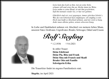 Traueranzeige von Rolf Siegling von Südthüringer Presse