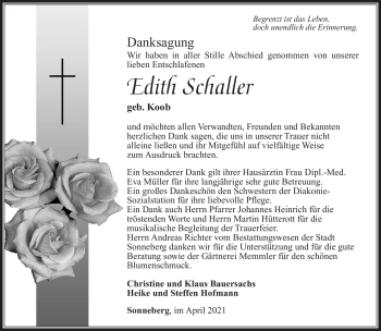 Traueranzeige von Edith Schaller von Südthüringer Presse