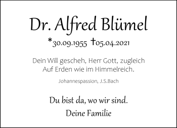 Traueranzeige von Alfred Blümel von Neue Presse Coburg