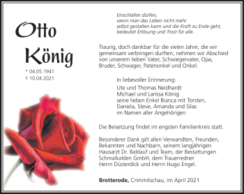Traueranzeige von Otto König von Südthüringer Presse