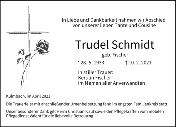 Traueranzeige von Trudel Schmidt von Frankenpost
