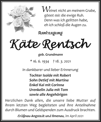Traueranzeige von Käte Rentsch von Südthüringer Presse