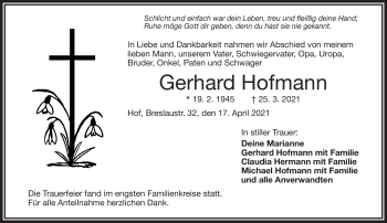 Traueranzeige von Gerhard Hofmann von Frankenpost