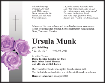 Traueranzeige von Ursula Munk von Südthüringer Presse