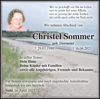 Traueranzeige von Christel Sommer von Südthüringer Presse