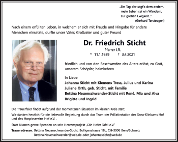 Traueranzeige von Friedrich Sticht von Frankenpost