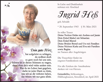 Traueranzeige von Ingrid Heß von Südthüringer Presse