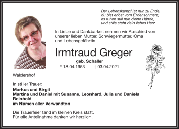Traueranzeige von Irmtraud Greger von Frankenpost