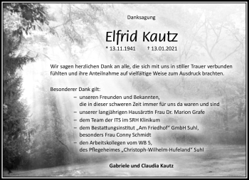 Traueranzeige von Elfrid Kautz von Südthüringer Presse