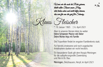Traueranzeige von Klaus Fleischer von Südthüringer Presse