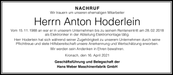 Traueranzeige von Anton Hoderlein von Neue Presse Coburg