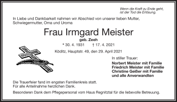 Traueranzeige von Irmgard Meister von Frankenpost