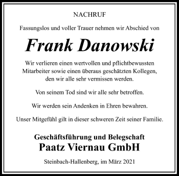 Traueranzeige von Frank Danowski von Südthüringer Presse