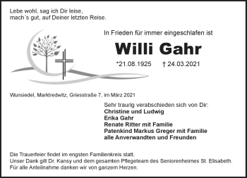 Traueranzeige von Willi Gahr von Frankenpost