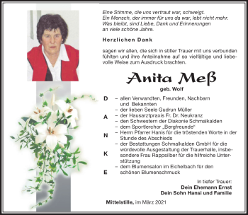 Traueranzeige von Anita Meß von Südthüringer Presse