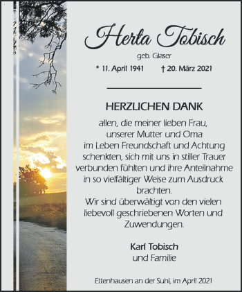 Traueranzeige von Herta Tobisch von Südthüringer Presse