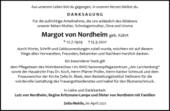 Traueranzeige von Margot von Nordheim von Südthüringer Presse