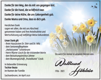 Traueranzeige von Waltraud Höhlein von Südthüringer Presse