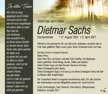 Traueranzeige von Dietmar Sachs von Südthüringer Presse