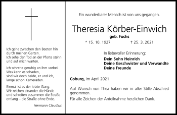 Traueranzeige von Theresia Körper-Einwich von Neue Presse Coburg